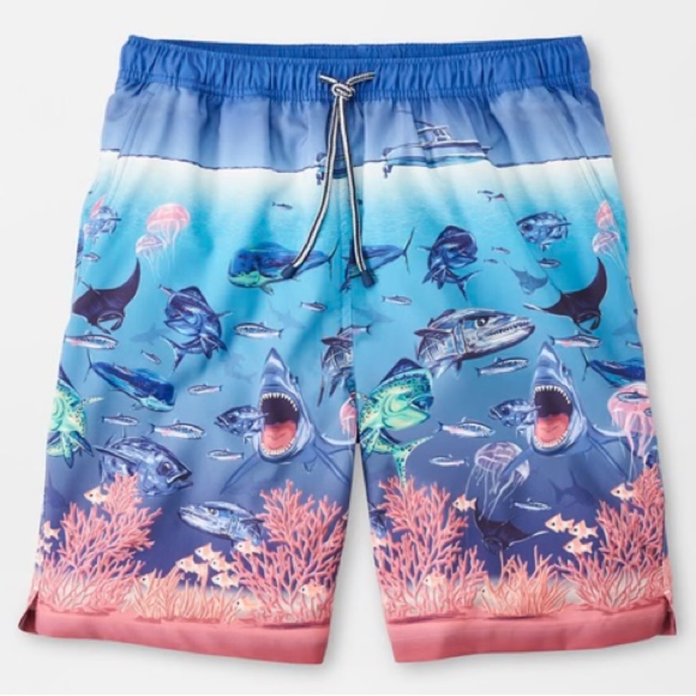 NWT Men’s Peter Millar Ocean Traffic Shark Fish Print Swim Trunks